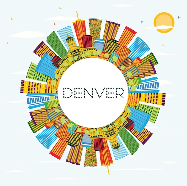 Denver Skyline met kleur gebouwen, blauwe lucht en kopie ruimte. Vectorillustratie. Zakelijk reizen en toerisme Concept met moderne architectuur.