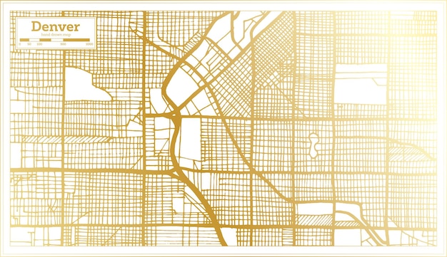 黄金色のアウトライン マップでレトロなスタイルでデンバー アメリカ都市マップ