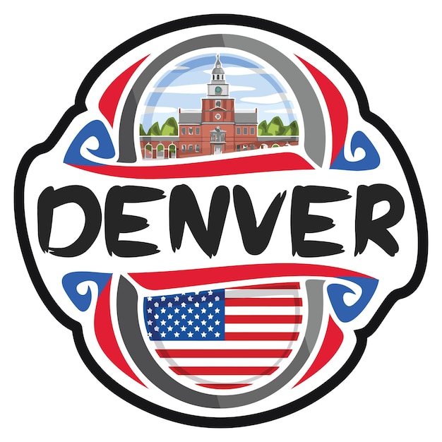 Denver USA Verenigde Staten Vlag Reizen Souvenir Sticker Skyline Logo Badge Stempel Zegel Embleem Vector