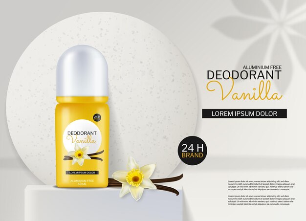 Cosmetici deodoranti vettore realistico. inserimento del prodotto al profumo di vaniglia deco