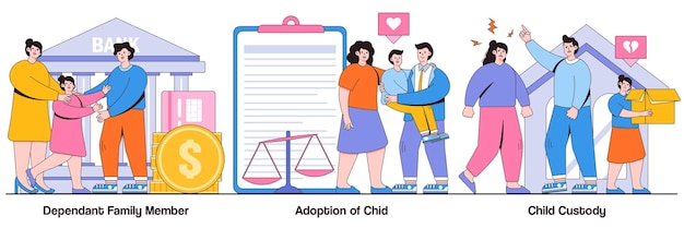 Dependant family member, adoption of a child, child custody\
concept with tiny people. family law vector illustration set.\
alimony, parents divorce, samesex couple, elderly support,\
caregiver metaphor.