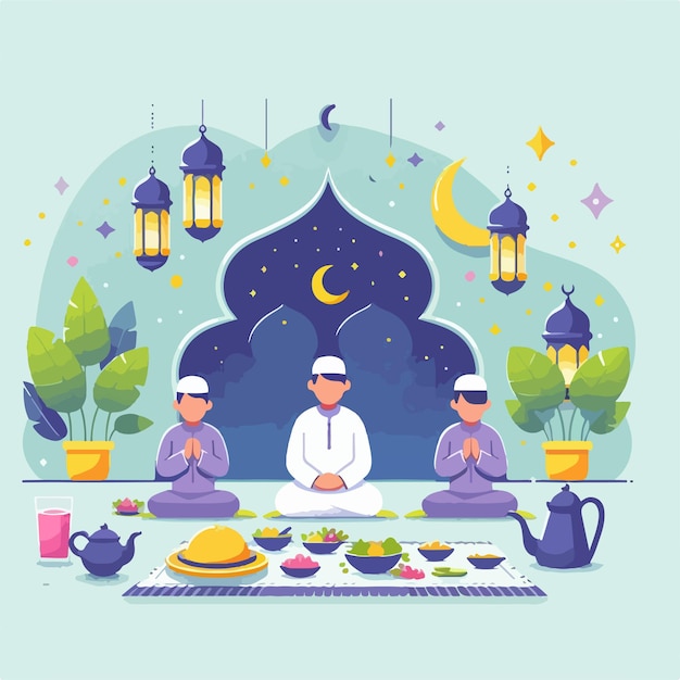 Vector depict families adorning their homes with colorful ramadan decorations