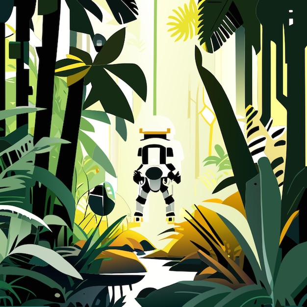 depict a robot or machine exploring a jungle or unknown territory on its own illustrating