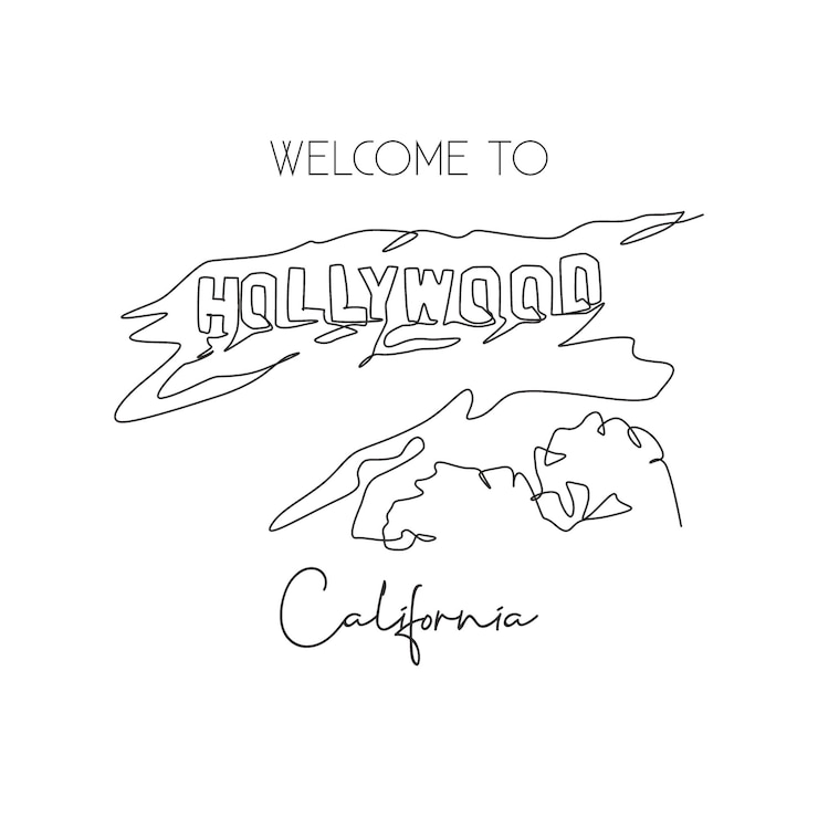 Vector 2019년 8월 2일 - 리우드의 랜드마크인 할리우드 사인 (hollywood sign landmark) 의 단일 연속 라인 드로잉 (single continuous line drawing) - 미국 캘리포니아주 로스앤젤레스의 유명한 장소 (famous place in los angeles) - 가정 장식 벽화 포스터 인쇄 터 그래픽 일러스트레이션 (vector graphic illustration)