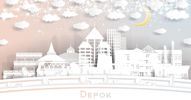 Depok Indonesia City Skyline in Paper Cut Style with White Buildings Moon and Neon Garland