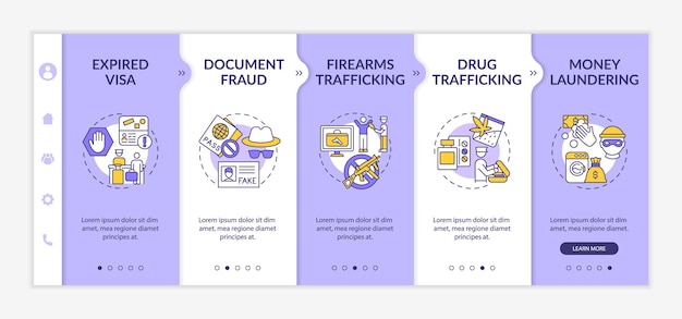 Deportation causes onboarding vector template. responsive mobile website with icons. web page walkthrough 5 step screens. border control and entry check color concept with linear illustrations