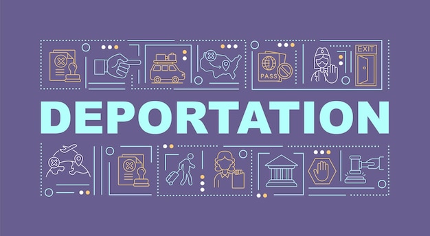 Deportation violet word concepts banner. Official removal from country. Infographics with linear icons on purple background. Isolated creative typography. Vector outline color illustration with text