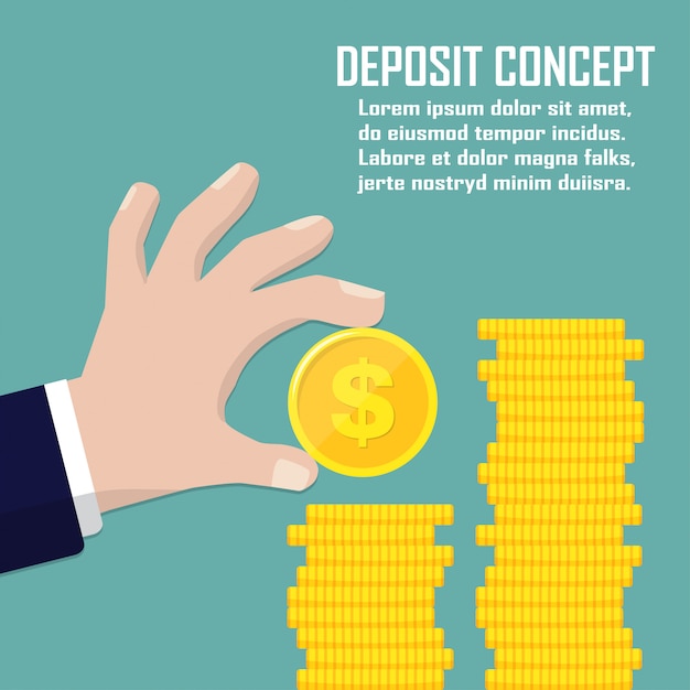 Vector deposit concept. hand holding dollar coin in a flat design