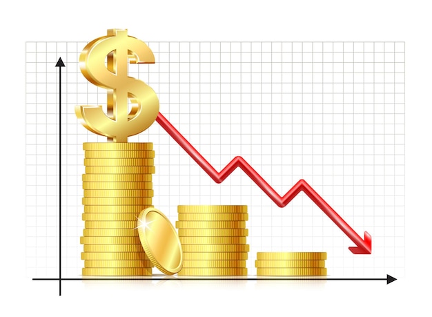 Обесценивание доллара инфляция экономическая рецессия знак доллара с монетами со стрелкой вниз на графике
