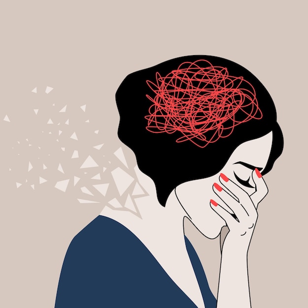 Вектор Депрессивная взрослая женщина со спутанными мыслями держит голову рукой концепция психического заболевания пограничное расстройство личности