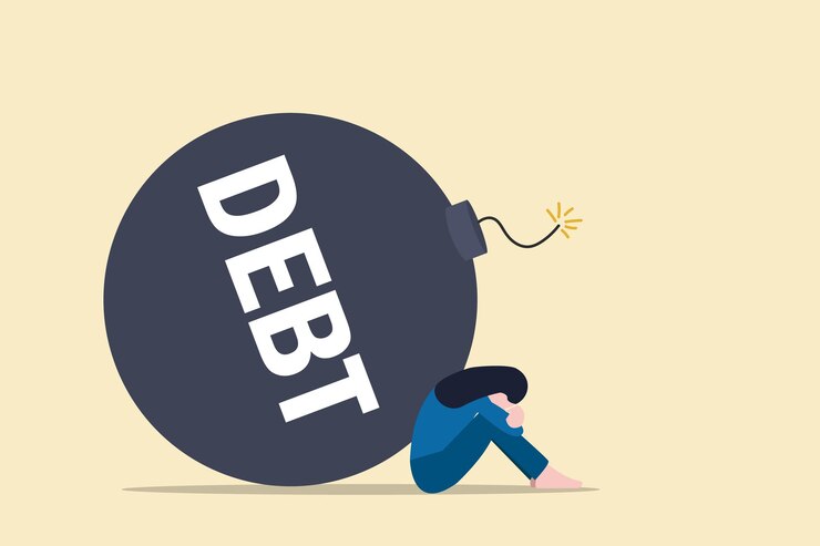 Vector depressed business woman sitting with big debt boom concept of debt and loan problem financial mistake bankruptcy stress