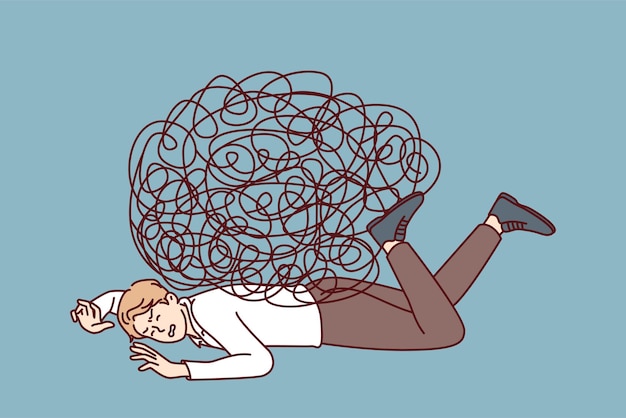 Depressed businessman lies on ground face down under heavy load of tangled lines Vector image