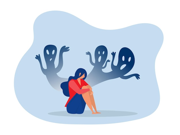 Depressed girl with anxiety and scary fantasies feeling sorrow,fears, sadness vector illustration