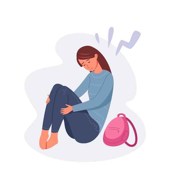 Depressed girl with backpack. Woman dicrimination or bullying friend, vector