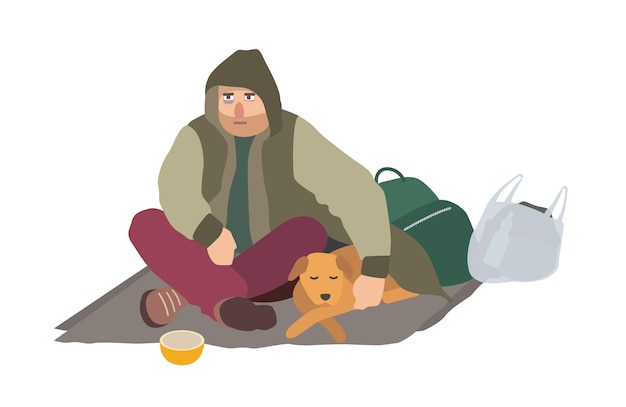 우울한 노숙자는 더러운 옷을 입고 거리의 판지 매트에 앉아 잠자는 개를 안고 돈을 구걸합니다. 플랫 만화 캐릭터 흰색 배경에 고립입니다. 벡터 일러스트 레이 션.