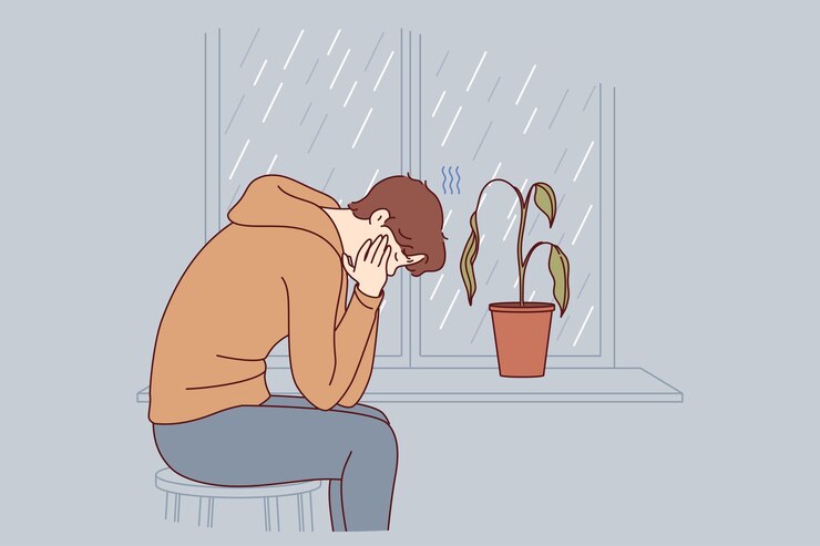 Vector 一個憂鬱的男人獨自坐在一個有窗戶和枯萎的花朵的房間裡,