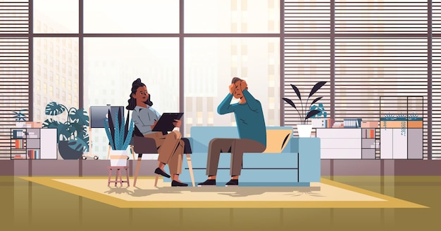 Vector depressed man visiting female psychologist psychotherapist consulting patient during psychotherapy session mental health depression generation z concept modern office interior horizontal vector illust