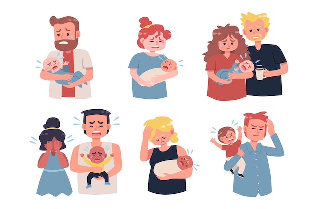 Vector depressed parents with crying baby