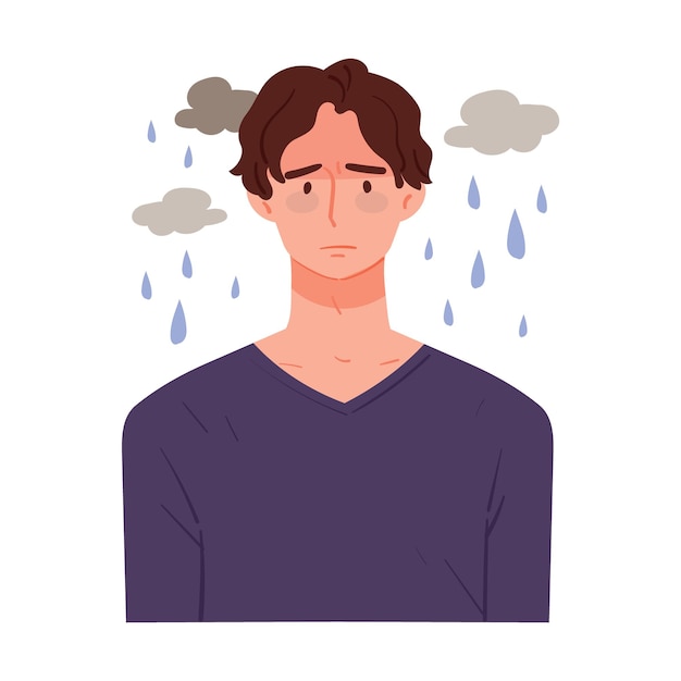 Vector depressed and sad man it is raining in the dark clouds