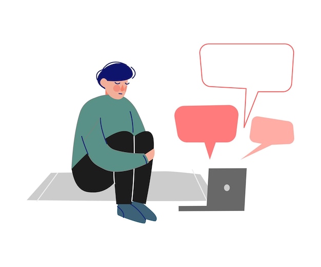 Vector depressed teen boy sitting on floor with laptop with message bubbles cyber bullying teenage puberty problems concept vector illustration