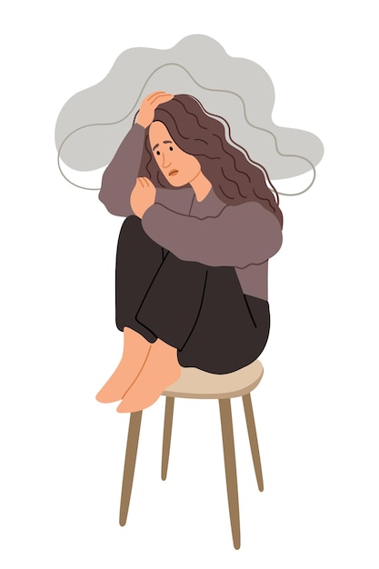 Vector depressed unhappy girl woman sitting under rain cloud