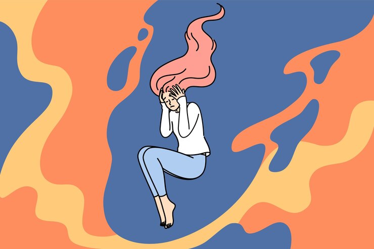 Vector depressed woman clutches head feeling migraine caused by stress floating among flames