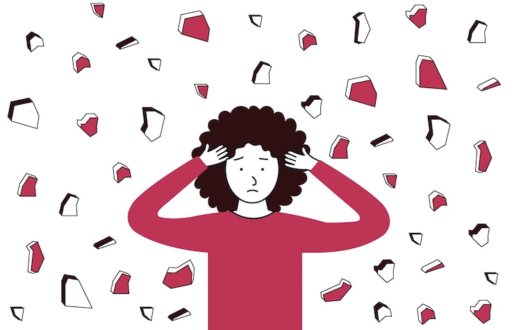 Vector depressed woman clutching her head mental disorder sadness and depression concept physical and emotional violence against women