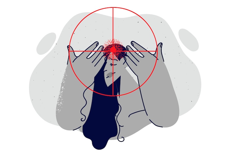Vector depressed woman at gunpoint near head suffering from migraine and headache caused by stress