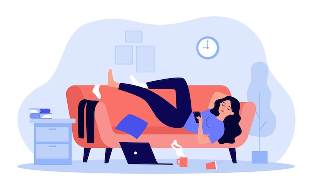 Подавленная женщина, лежа на диване в грязной комнате, изолированной в плоском дизайне