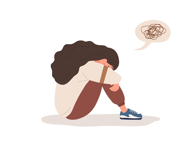 Vector depressed woman. sad teenager sitting on floor and crying.