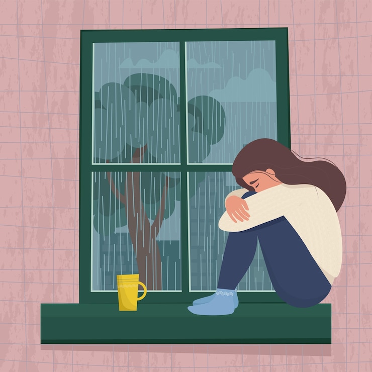 Vector depressed woman sitting by the window. 
seasonal depression concept. cute vector illustration in car