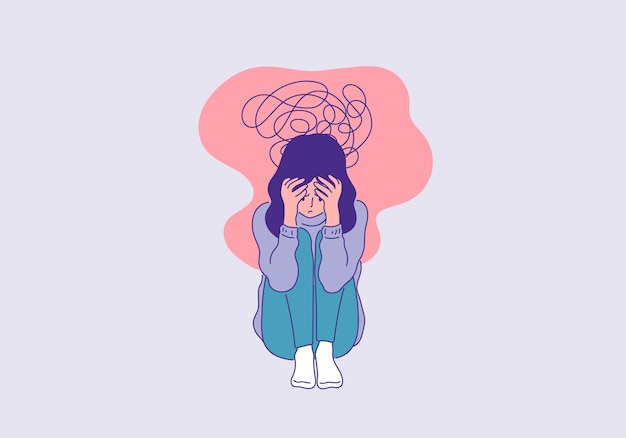 Vector depressed woman sitting face palm pose outline colored illustration