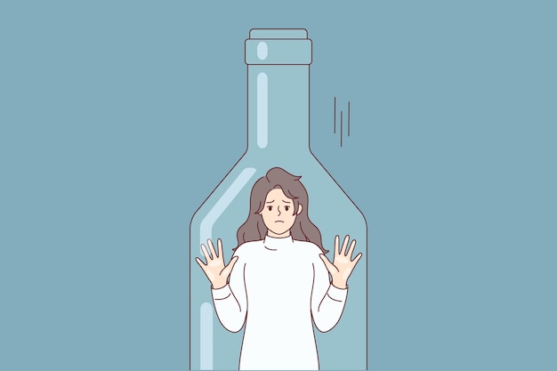 Depressed woman standing inside transparent bottle cant get out due to alcohol abuse Vector image