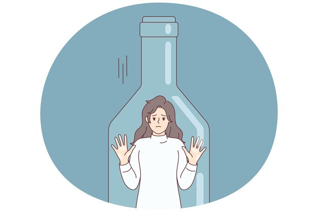 透明なボトルの中に立っているうつ状態の女性は,アルコール乱用によるベクトル画像のために外に出ることができません.