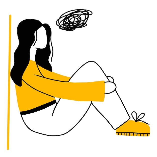 Вектор Депрессивная женщина со спутанными мыслями в голове молодая грустная девушка сидит и несчастна, обнимая колени концепция депрессиивекторная иллюстрация в стиле каракулей векторная иллюстрация
