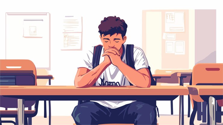 Vector depressed young male student sitting with hands clasped in despair