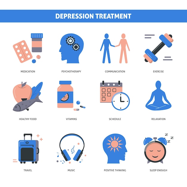 Depressie behandeling concept iconen set