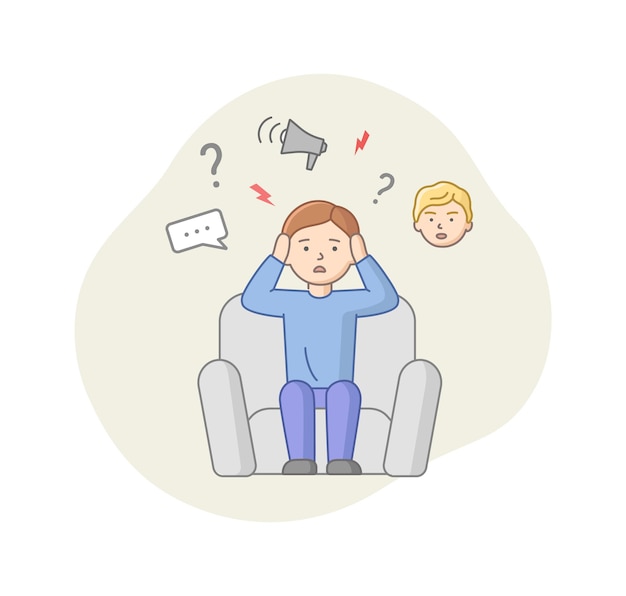 Depressie concept. Mannelijk karakter lijdt aan depressie. Verbaasde Man Zit In Een Fauteuil Met Veel Gedachten In Het Hoofd. Stress, verhulling van emoties.