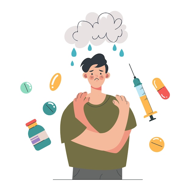 Depressie geestesziekte medicatie drugs pillen afhankelijkheid concept cartoon ontwerpelement