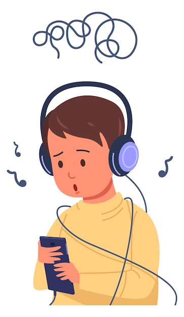 Vector depressief kind luistert naar muziek jongen chaotische geest gadgetverslaving