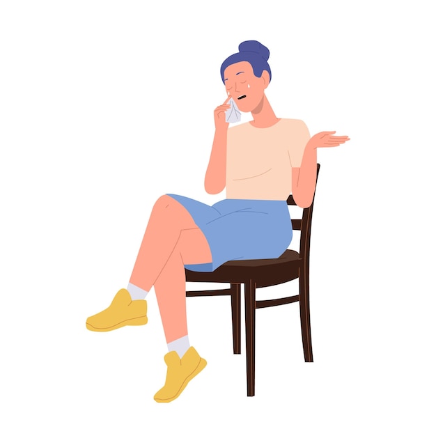 Depressieve huilende vrouw psycholoog patiënt cartoon personage vegen tranen met servet terwijl het praten over probleem en gevoelens zitten op stoel vector illustratie geïsoleerd op witte achtergrond