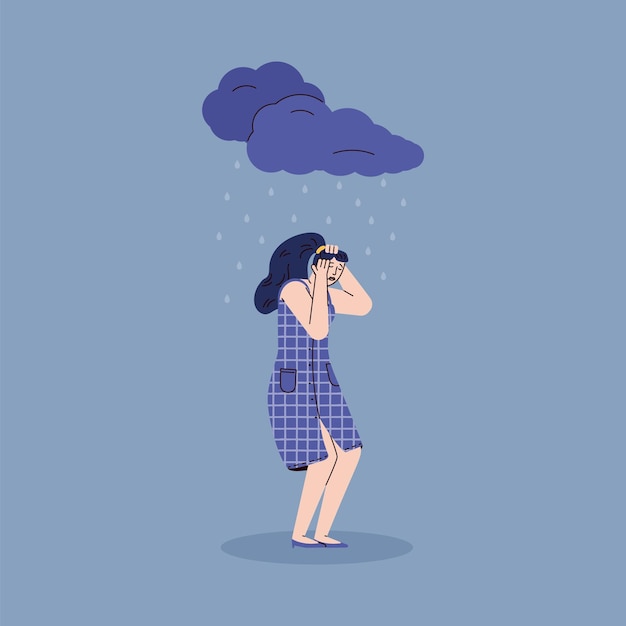 Depressieve trieste jonge vrouw staat in de regen van donkere wolken een vectorillustratie