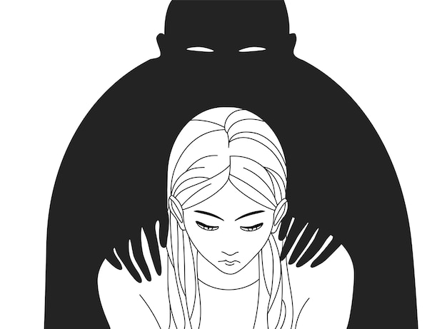 Depressieve vrouw met een verlaagd hoofd en een zwart silhouet van de man die erachter staat en zijn handen op haar schouders legt