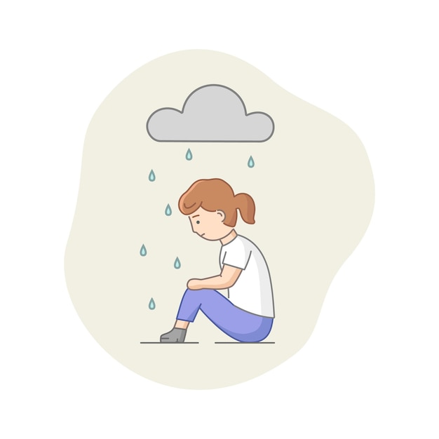 うつ病の概念。うつ病に苦しんでいる女性キャラクター。雨の下に座っている悲しい女性。どんよりした天気、感情の隠蔽と燃え尽き症候群。
