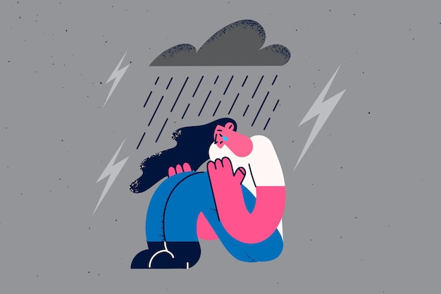 Depression, grief and loneliness concept. young sad depressed woman sitting on ground crying with rain and storm with thunder above vector illustration