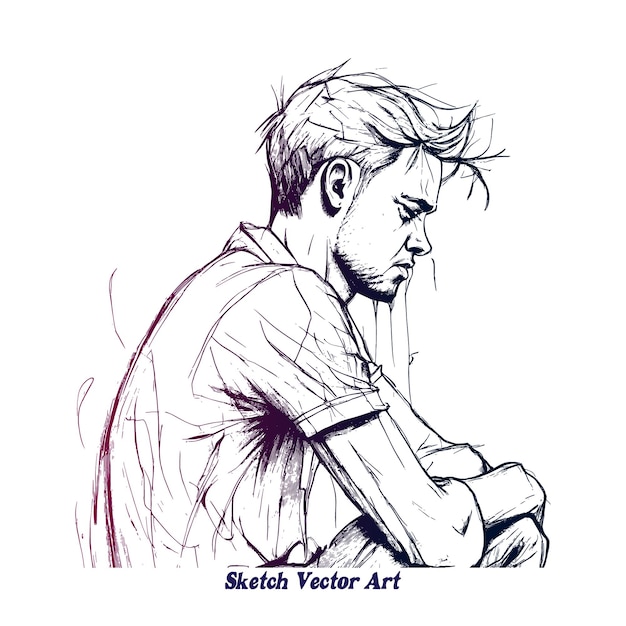 Depressione uomo arte e disegno a mano schizzo stile arte illustrazione vettoriale in bianco e nero