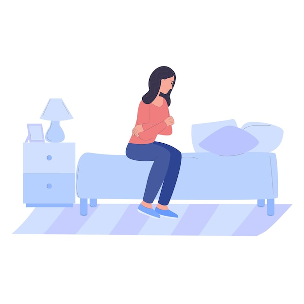 Vector depressive sad person an angry woman is sitting on the bed mental health mood swings r