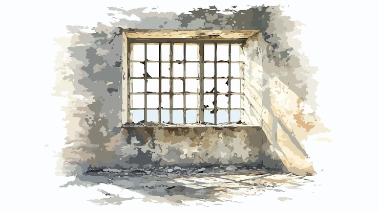 Vector derelict window with bars in ruined world postapocalyptic urban decay
