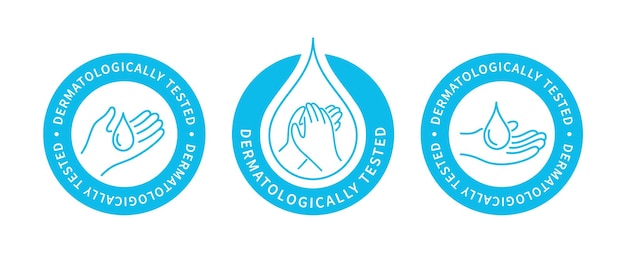 Dermatologically tested vector sticker or label Ready icons set for use on packages design of dermatological products Label design with hand and drop of water logo