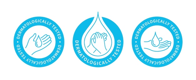 Dermatologisch geteste vector sticker of label Klaar iconen ingesteld voor gebruik op pakketten ontwerp van dermatologische producten Labelontwerp met hand en druppel water logo